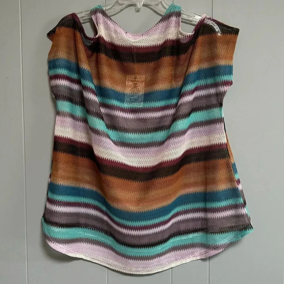 NWT EASEL Striped Open Knit Striped Cold Shoulder Short Sleeve Top Size Small - Picture 3 of 6
